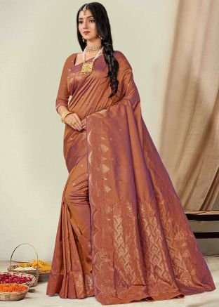 Brown Zari Woven Saree In Art Silk