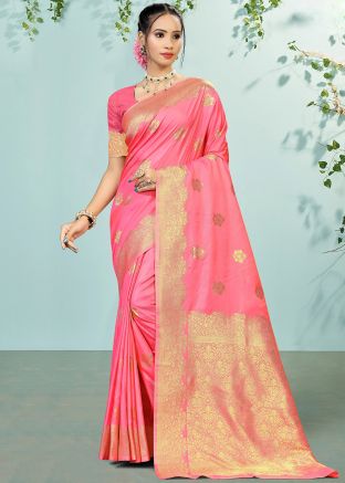 Peach Zari Work Saree In Art Silk
