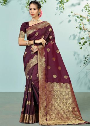 Wine Zari Woven Saree In Art Silk