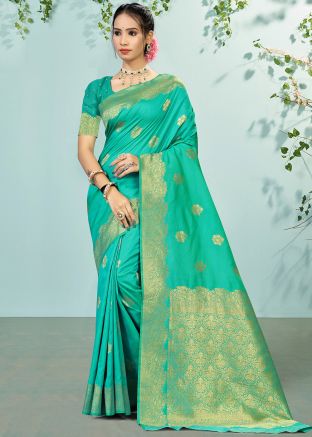 Turquoise Art Silk Saree In Zari Work