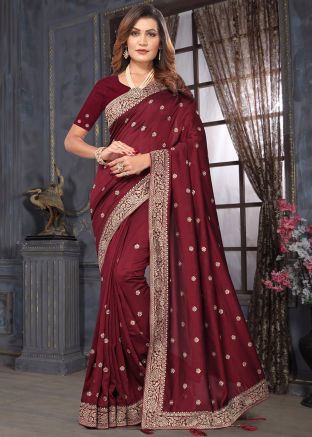 Maroon Thread Embroidered Saree In Georgette