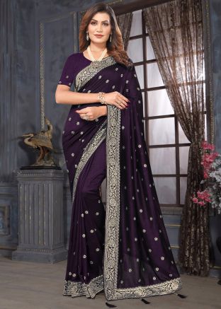 Purple Georgette Saree In Thread Embroidery