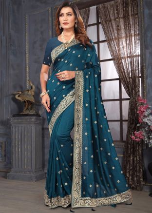 Teal Blue Thread Embroidered Georgette Saree