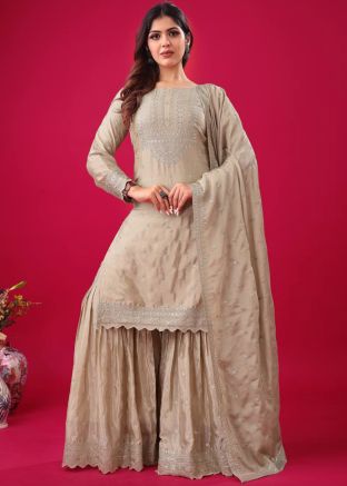 Beige Sequin Work Salwar Suit Set In Chiffon