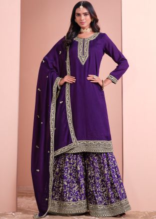 Purple Embroidered Gharara Salwar Suit Set