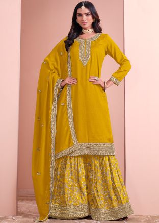 Yellow Embroidered  Salwar Suit Set In Art Silk