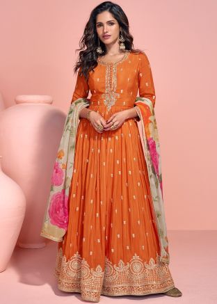 Readymade Orange Embellished Anarkali Suit