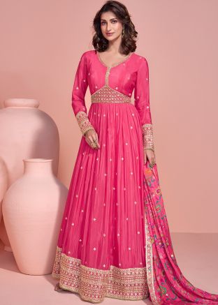 Pink Readymade Embroidered Anarkali Suit Set