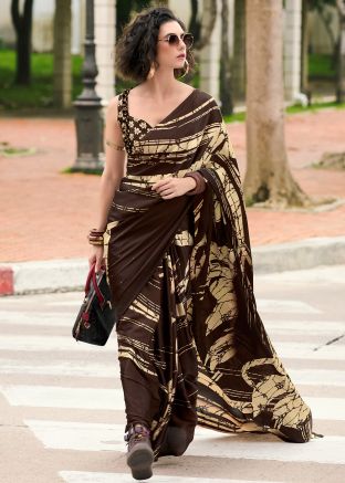 Brown Printed Satin Saree