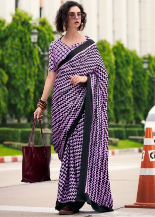 Purple Zig-Zag Print Satin Saree