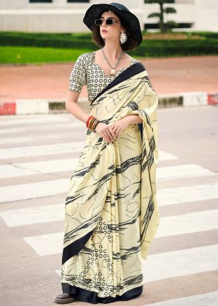Cream Printed Saree With Blouse