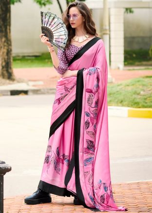 Pink Leaf Print Satin Saree