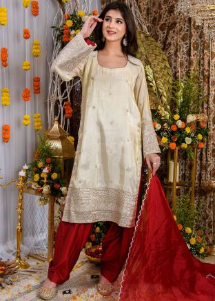 Beige Embroidered Readymade Pant Suit In Tissue Silk