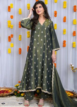 Green Embroidered Readymade A-Line Pant Suit