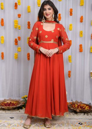 Readymade Orange Embroidered Anarkali Suit