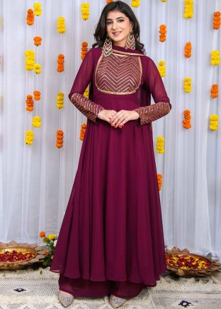 Wine Readymade Embroidered Anarkali Suit
