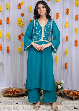 Readymade Blue Embroidered Palazzo Suit