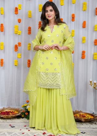 Yellow Embroidered Readymade Sharara Suit