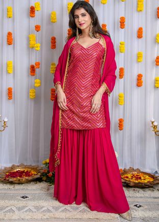 Pink Readymade Emebllished Georgette Sharara Suit