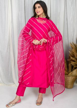 Pink Readymade Plain Pant Suit Set In Silk