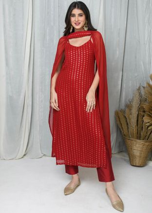 Readymade Red Sequins Work Pant Suit In Georgette