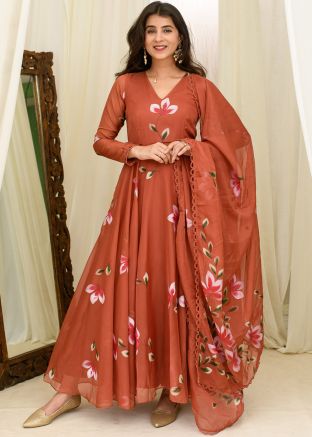 Dusty Orange Hand Painted Readymade Anarkali Suit