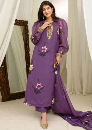 Purple Hand Painted Readymade Pant Suit