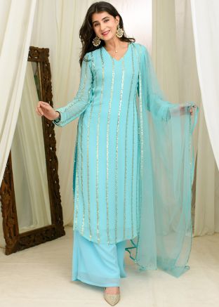 Readymade Blue Embellished Palazzo Suit