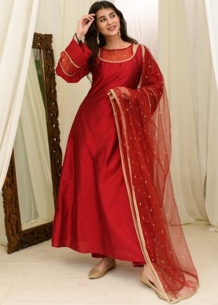 Red Readymade Embroidered Pant Suit In Silk