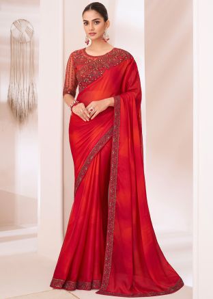 Red Sequins Embroidered Saree In Chiffon