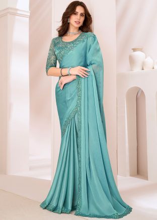 Blue Embroidered Saree In Georgette