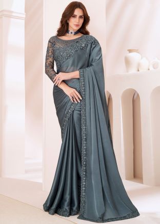 Grey Embroidered Saree In Georgette