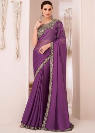 Purple Embroidered Saree In Georgette