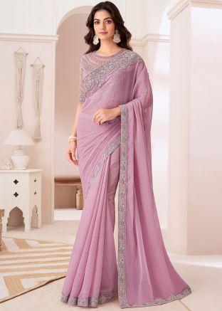 Pink Sequins Embroidered Saree In Chiffon