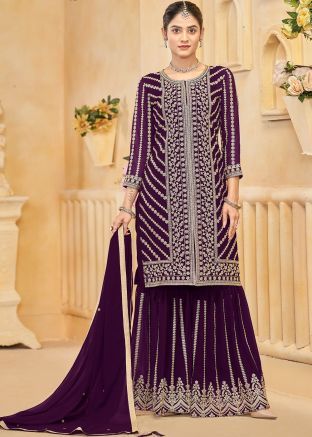 Purple Embroidered Salwar Suit Set In Georgette