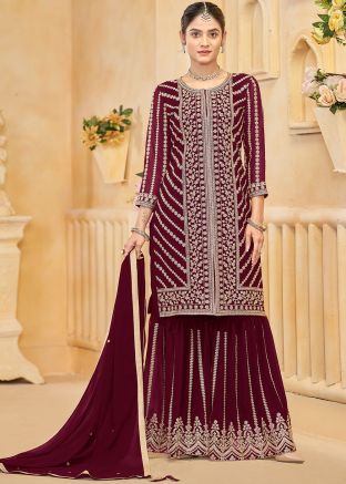 Maroon Embroidered Salwar Suit Set In Georgette