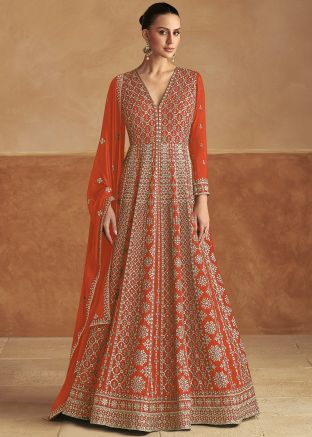 Readymade Orange Zari Embroidered Abaya Suit