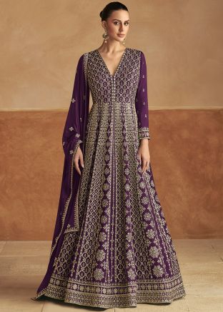 Purple Readymade Embroidered Abaya Suit Set