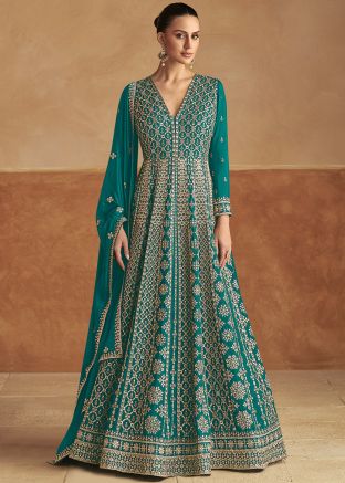 Turquoise Readymade Embroidered Abaya Suit Set