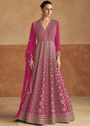 Pink Readymade Embroidered Abaya Suit In Chiffon