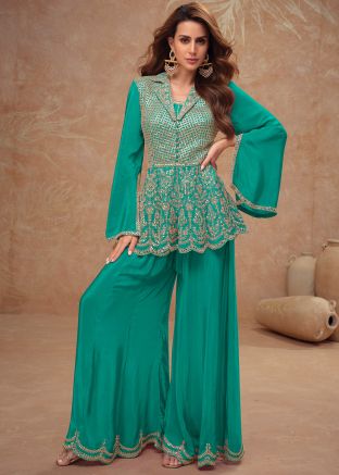 Readymade Turquoise Mirror Work Palazzo Suit