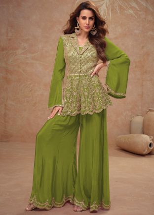 Green Embroidered Readymade Palazzo Suit Set