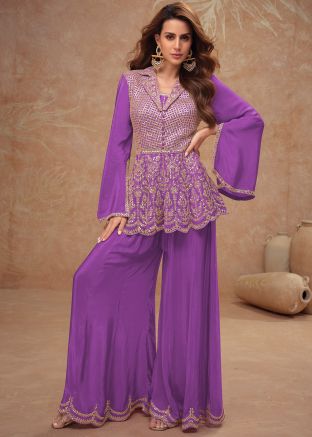 Purple Embroidered Readymade Palazzo Suit