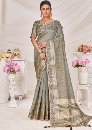 Grey Embroidered Silk Saree With Blouse