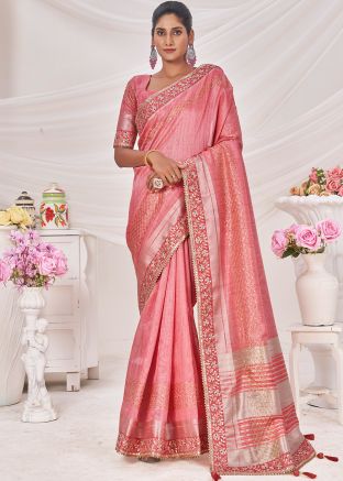 Pink Silk Saree In Zari Embroidery