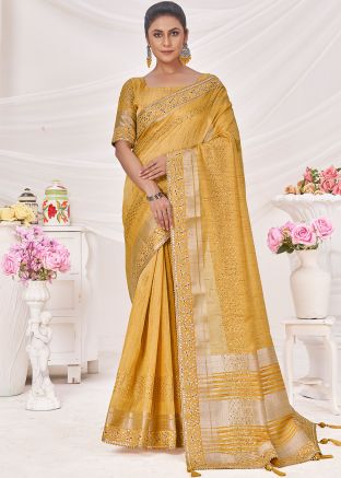 Yellow Silk Saree In Zari Embroidery