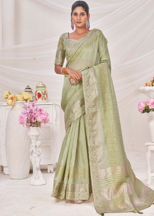 Green Embroidered Saree With Blouse