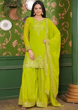 Readymade Parrot Green Embroidered Sharara Suit