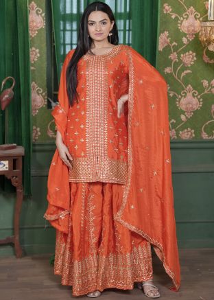 Orange Readymade Embroidered Sharara Suit