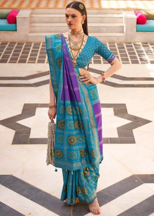 Purple & Blue Patola Print Silk Saree